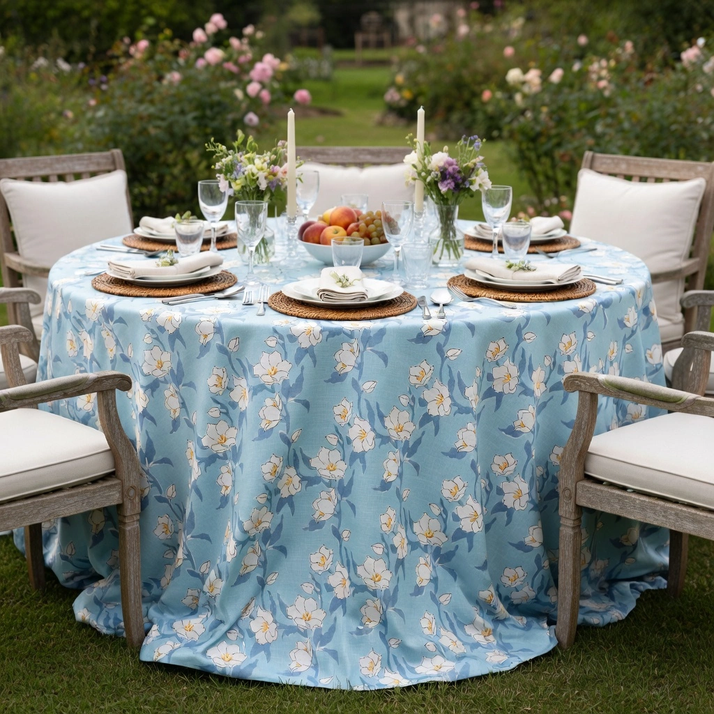 Round  275 cms 100 Cotton Tablecloth  Camellia Blue Mist 260919