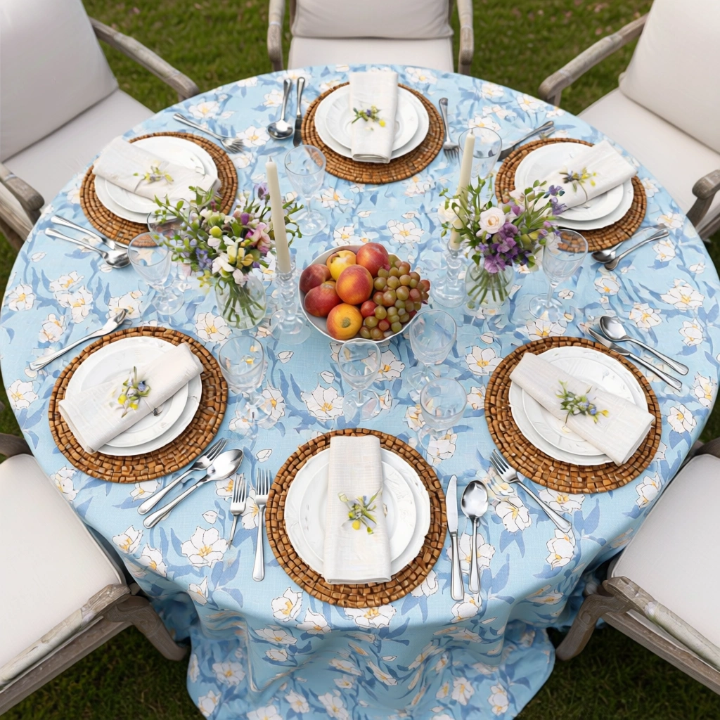 Round 220 cms Cotton French Design Table Cover Camellia Blue Mist 260919