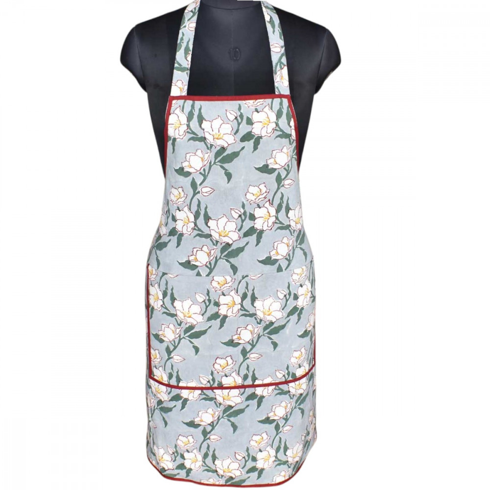Image of Indian Block-Printed 100% Cotton Apron |  Camellia Snow Dusk 260419