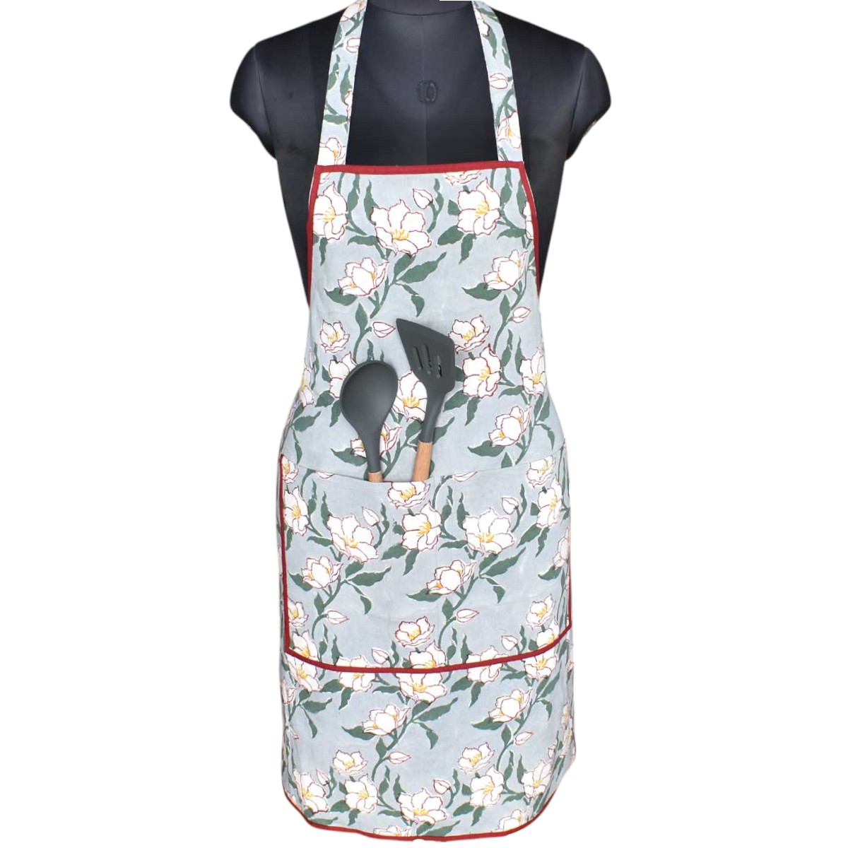 Indian Block-Printed 100 Cotton Apron   Camellia Snow Dusk 260419