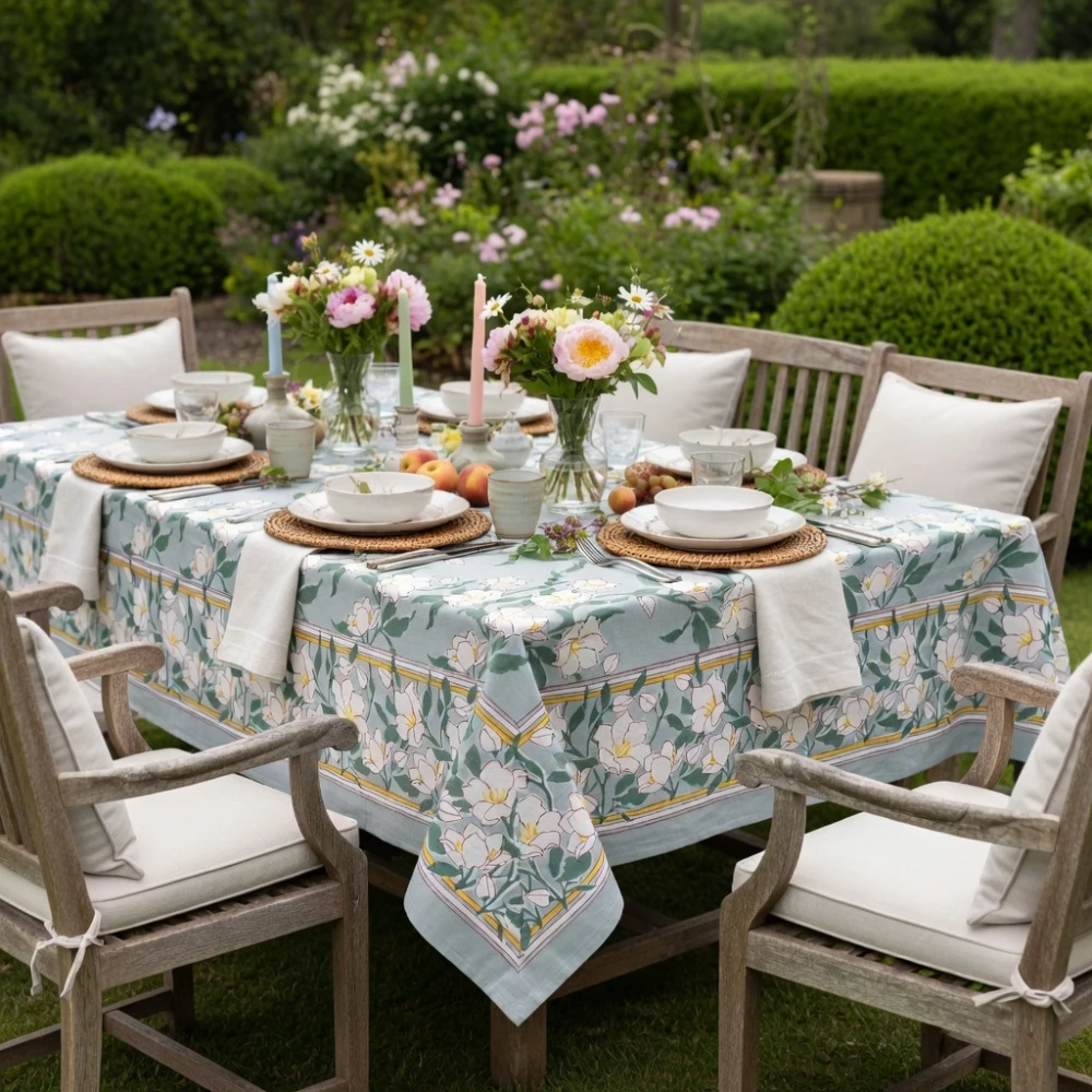 Image of Hand Block Printed Cotton Tablecloth 150x220 cms | Camellia Snow Dusk 260419