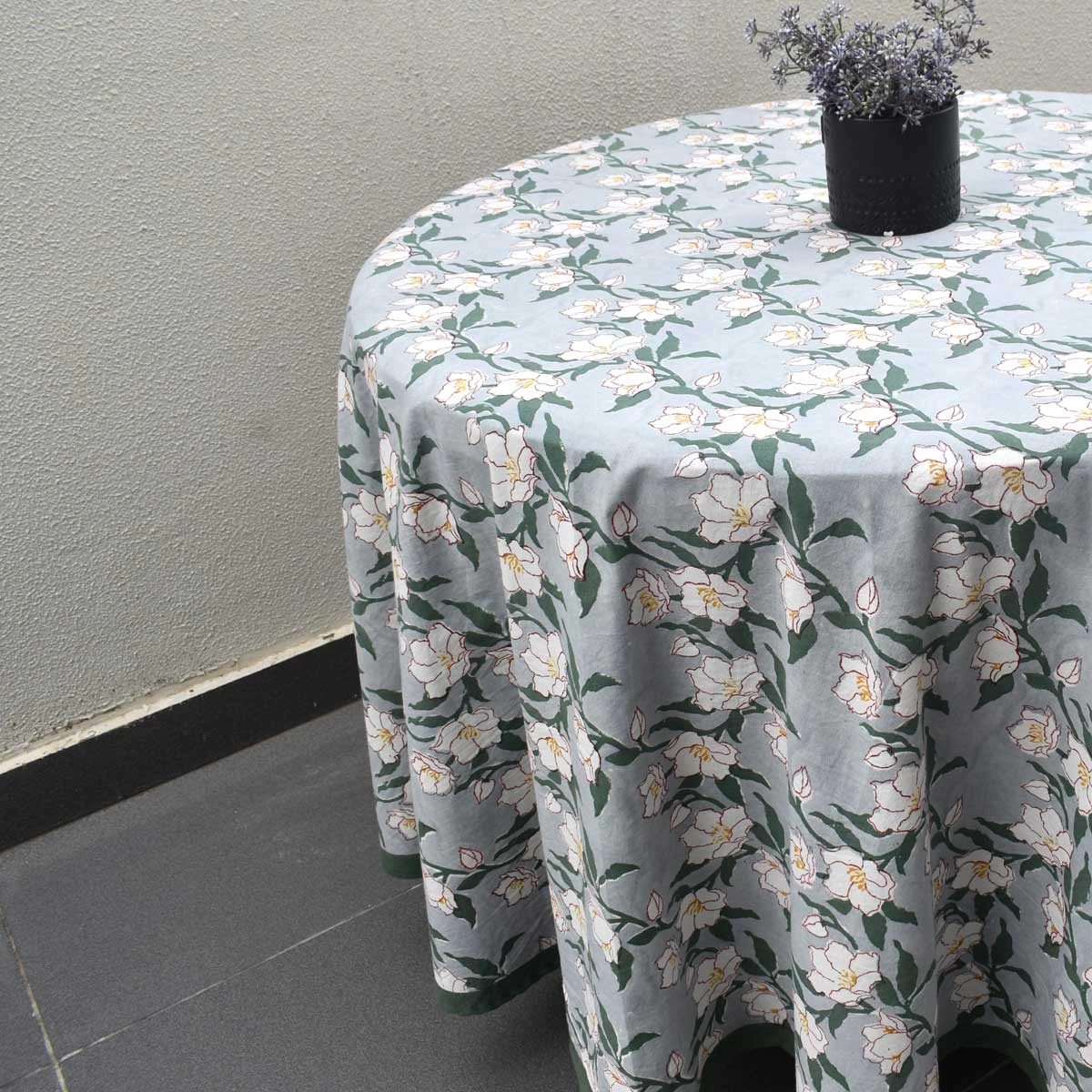 Round 220 cms Cotton French Design Table Cover  Camellia Snow Dusk 260419