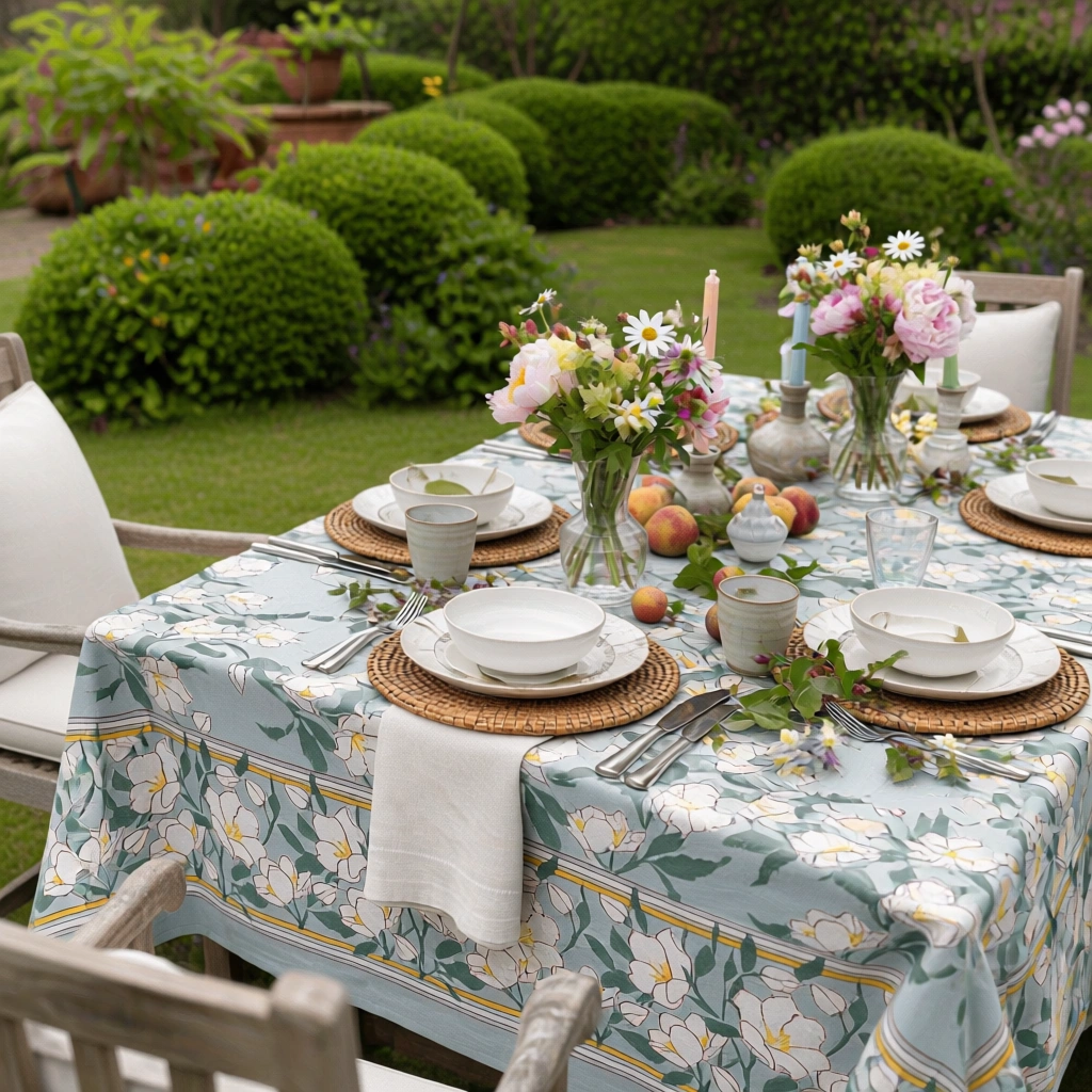 Hand Block Printed Cotton Tablecloth 150x220 cms Camellia Snow Dusk 260419