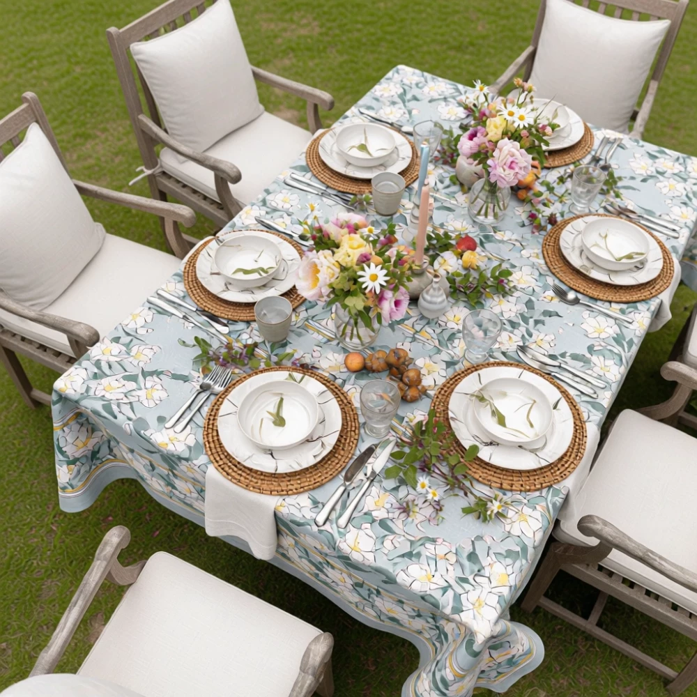 Image of Hand Block Printed Cotton Tablecloth 150x220 cms | Camellia Snow Dusk 260419