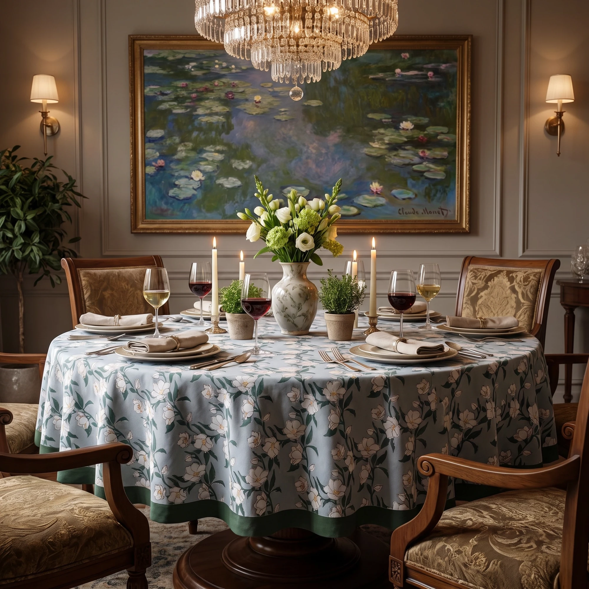 Round 275 cms 100 Cotton Tablecloth Camellia Snow Dusk 260419