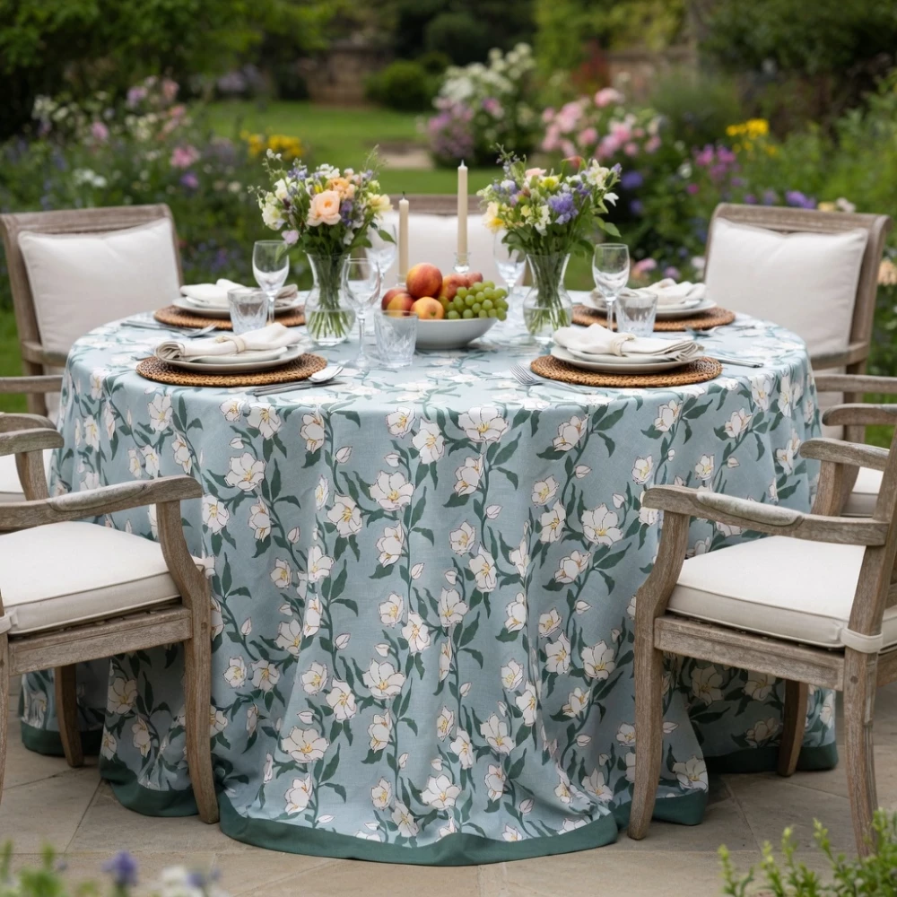 Image of Round  275 cms 100% Cotton Tablecloth | Camellia Snow Dusk 260419
