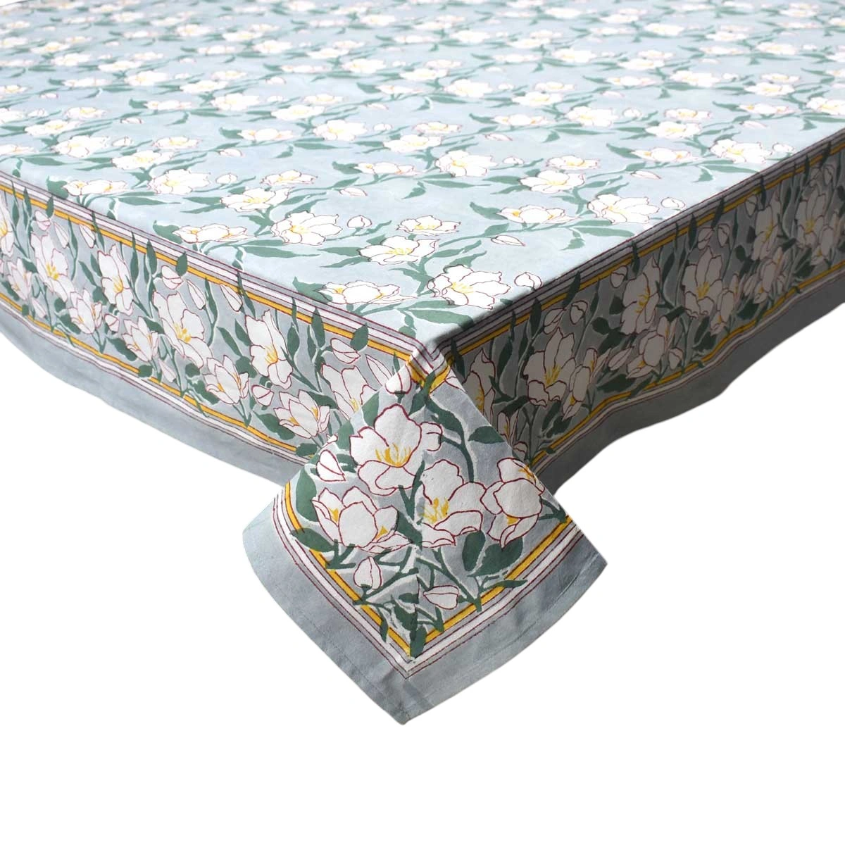 Hand Block Printed Cotton Tablecloth 150x220 cms  Camellia Snow Dusk 260419