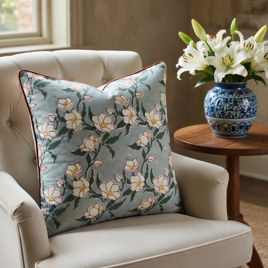 Piping Cushion Cover 50x50 cms Camellia Snow Dusk 260419