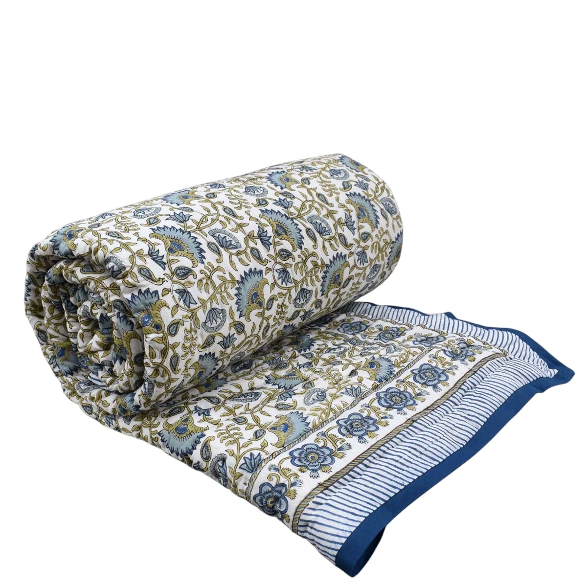 Hand Block Printed Cotton Queen Size Quilt Carnation Blue 260121