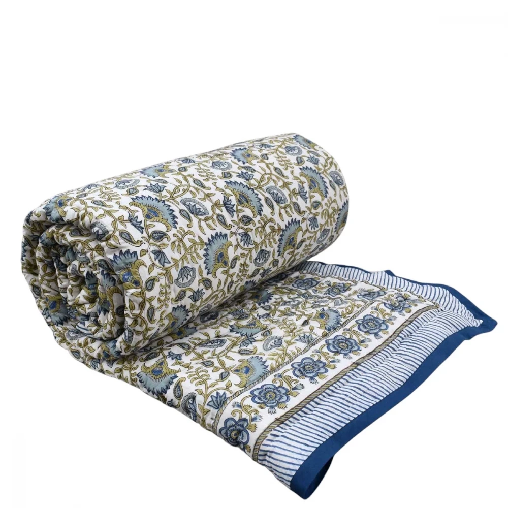 Image of Hand Block Printed Cotton Queen Size Quilt | Carnation Blue 260121
