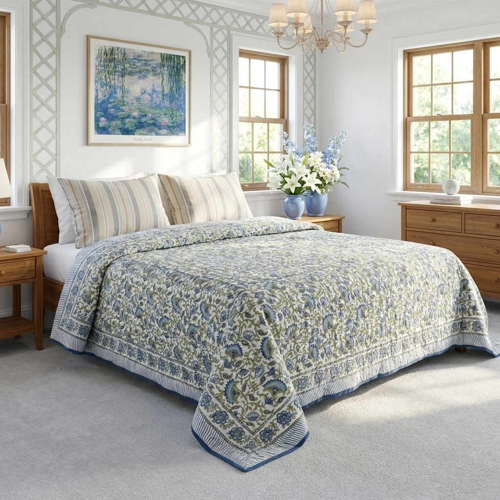 Hand Block Printed Cotton Queen Size Quilt Carnation Blue 260121