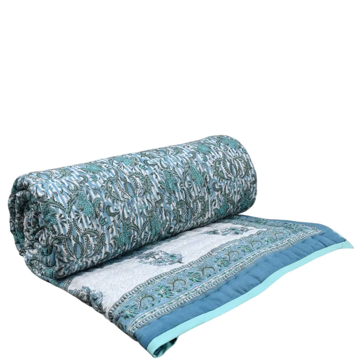 Hand Block Printed Cotton King Size Quilt Casper Blue Bale 260125