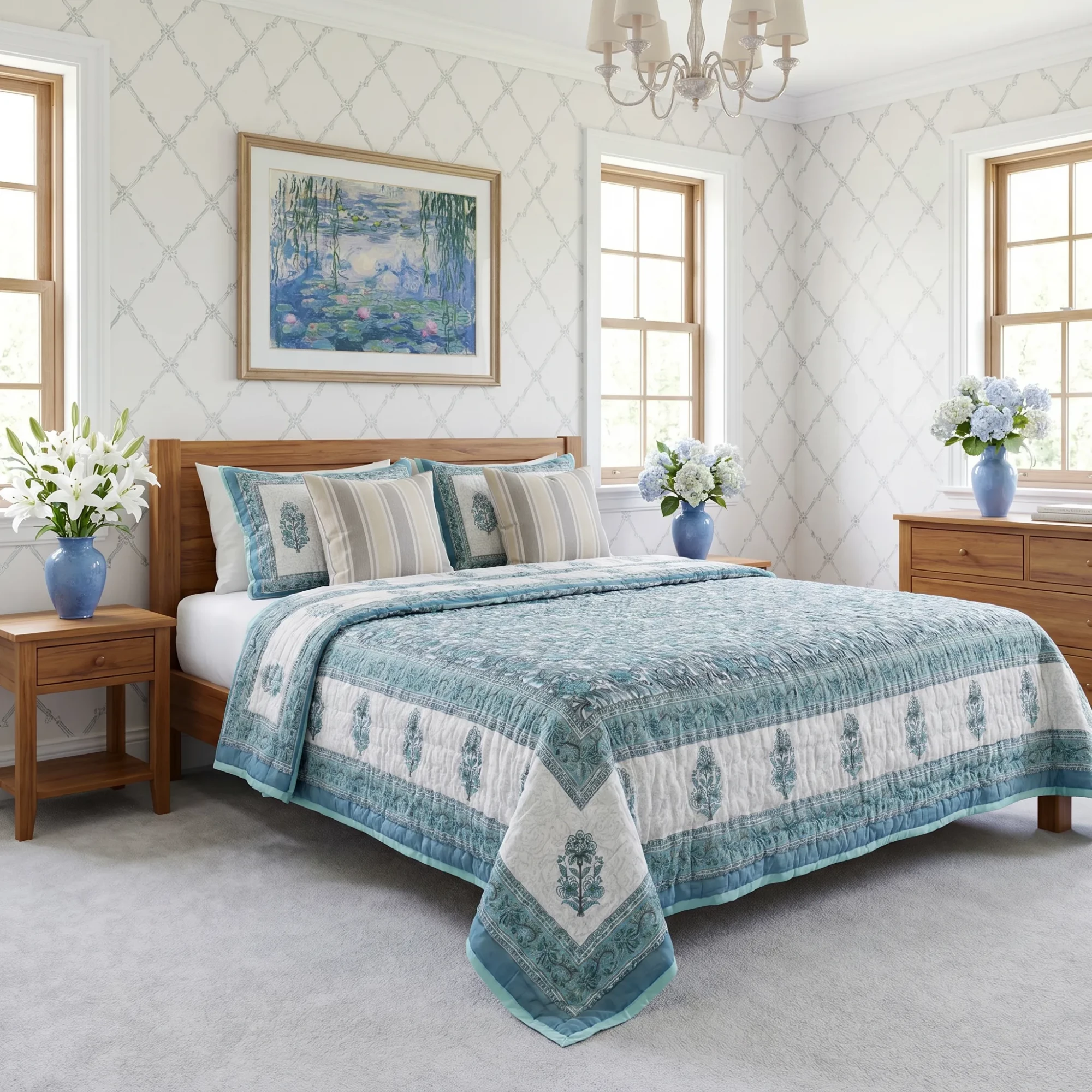 Hand Block Printed Cotton King Size Quilt Casper Blue Bale 260125
