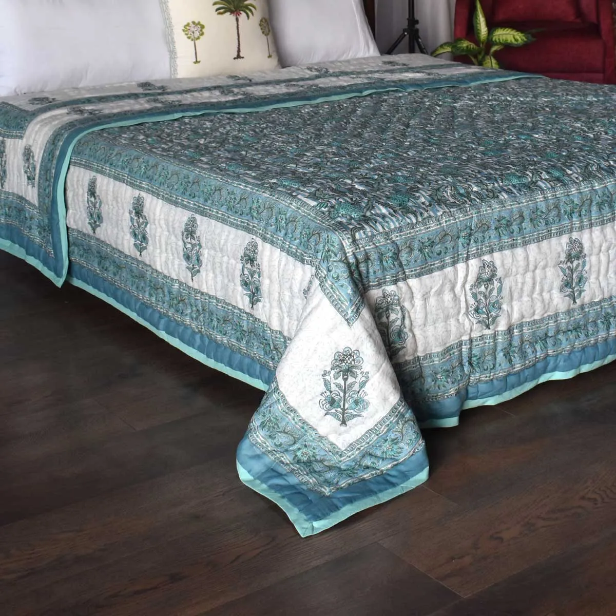 Hand Block Printed Cotton King Size Quilt Casper Blue Bale 260125
