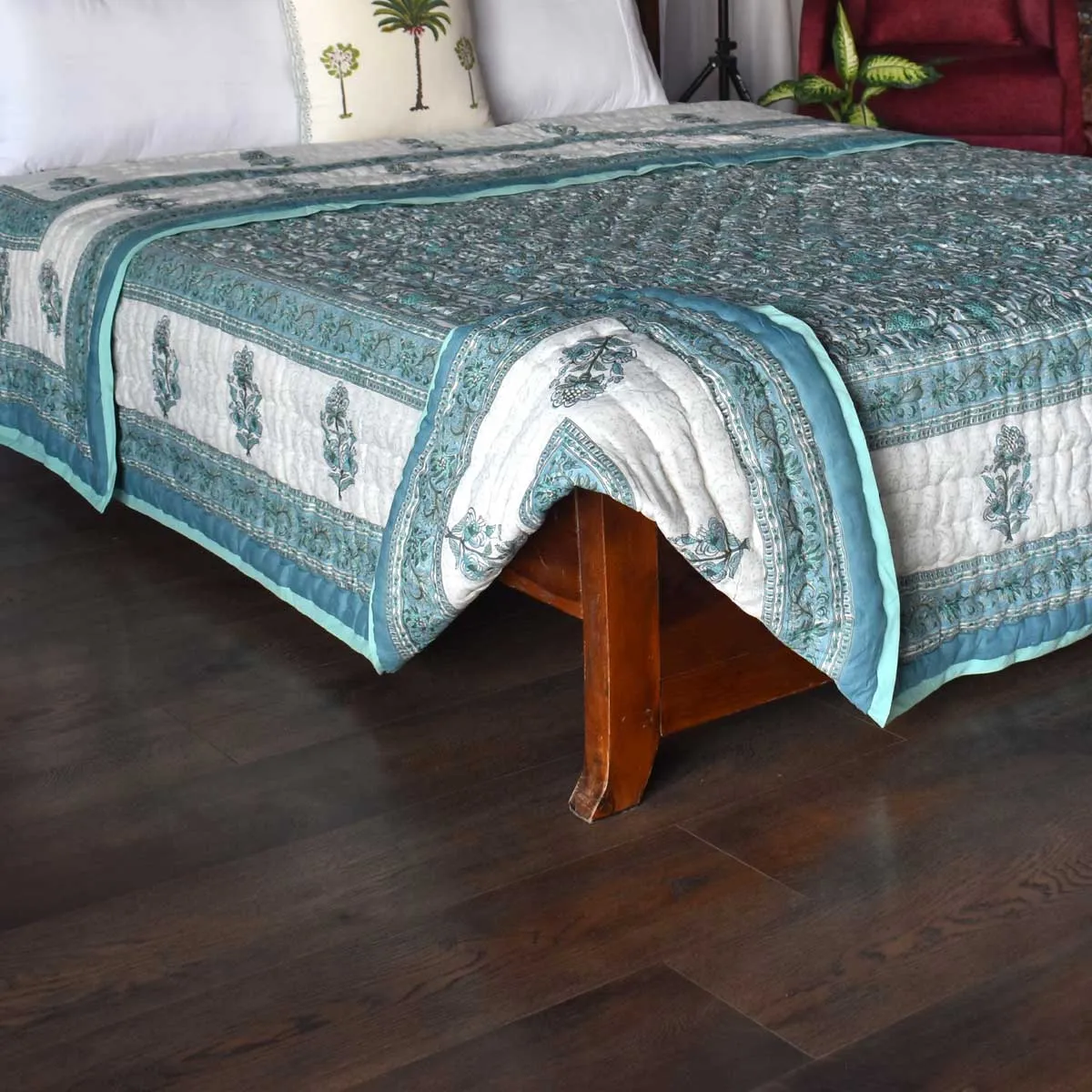 Hand Block Printed Cotton King Size Quilt Casper Blue Bale 260125