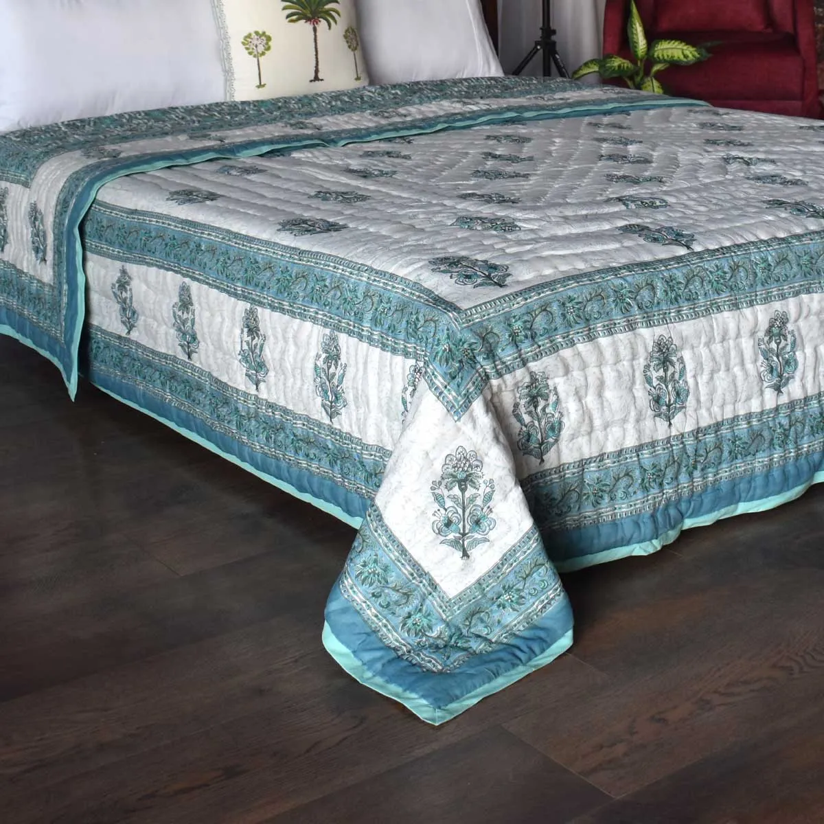 Hand Block Printed Cotton King Size Quilt Casper Blue Bale 260125