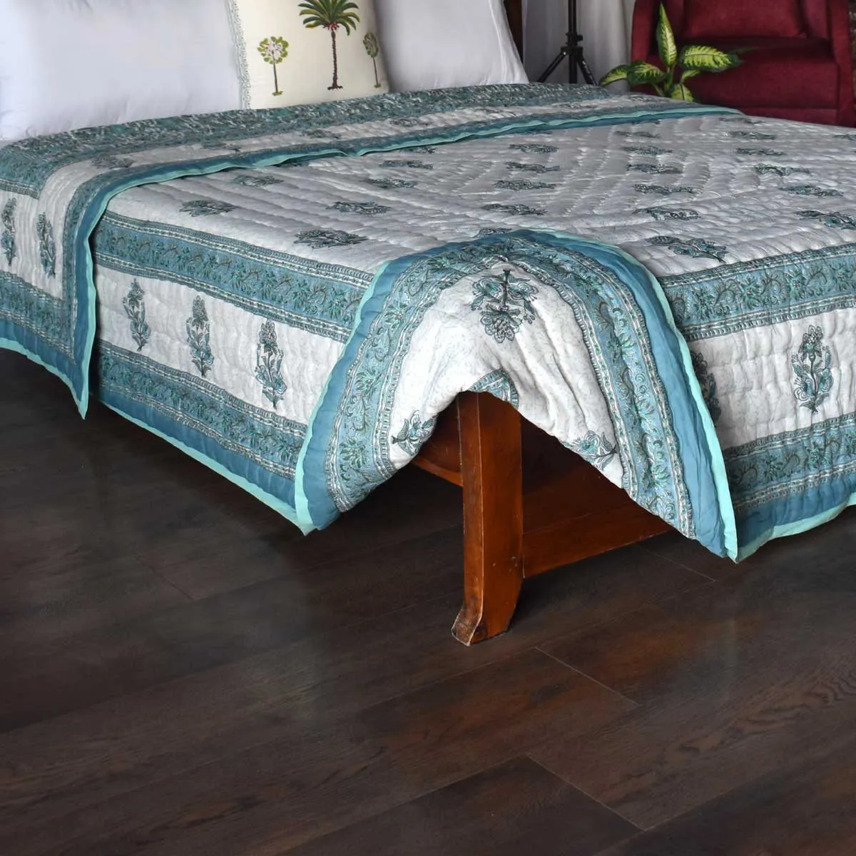 Hand Block Printed Cotton King Size Quilt Casper Blue Bale 260125