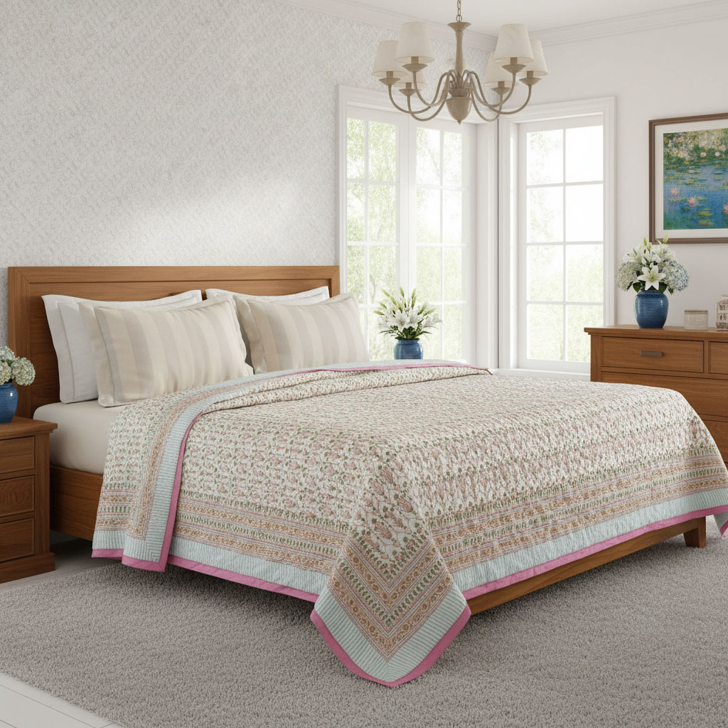 Hand Block Printed Cotton Queen Size Quilt Castle Creeper 251218