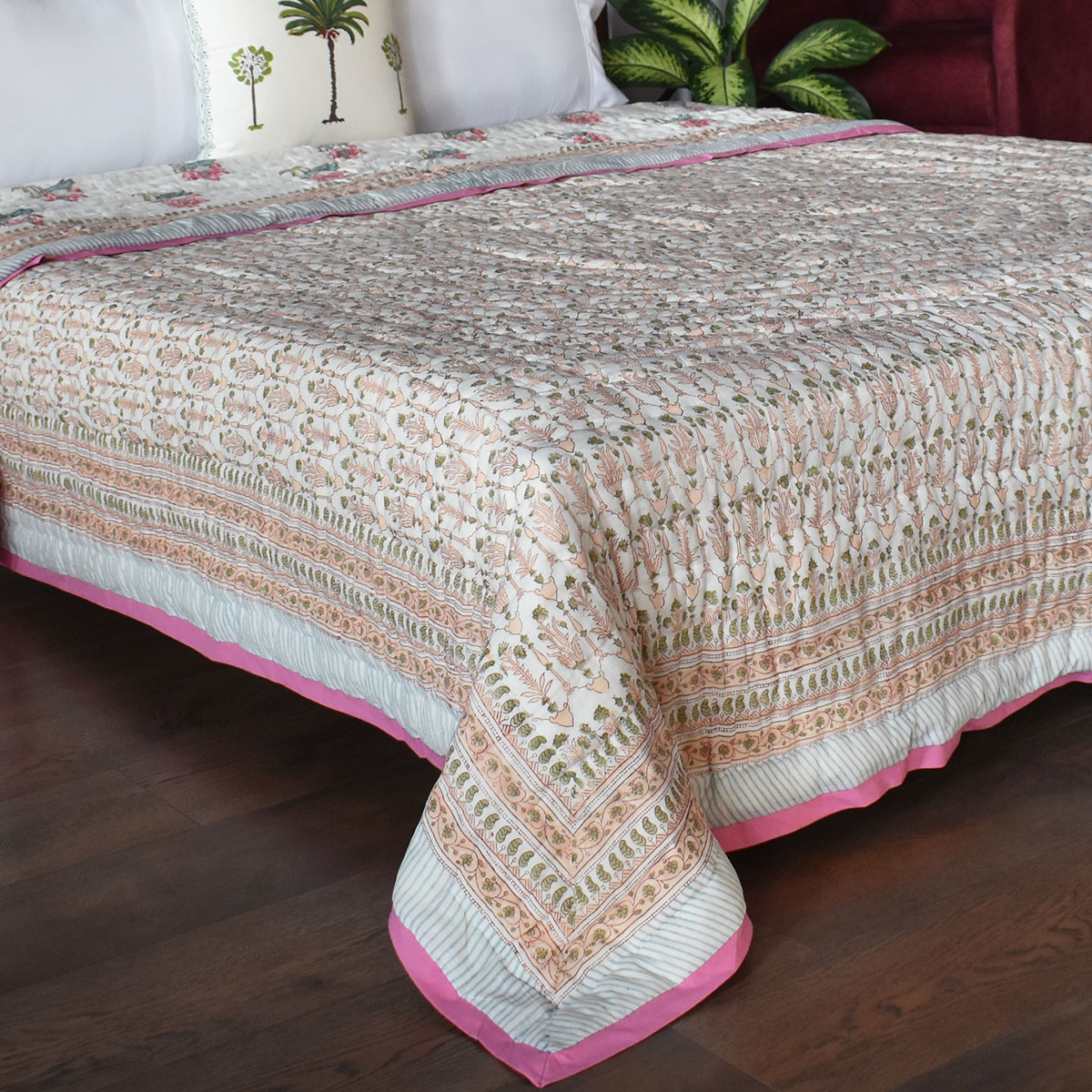 Hand Block Printed Cotton Queen Size Quilt Castle Creeper 251218