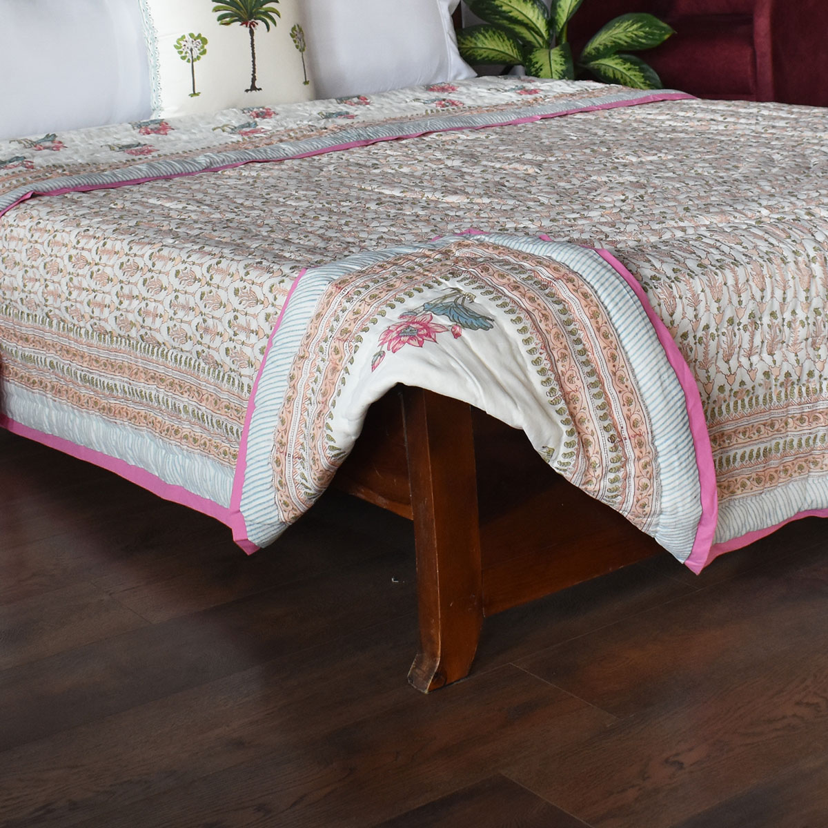 Hand Block Printed Cotton Queen Size Quilt Castle Creeper 251218