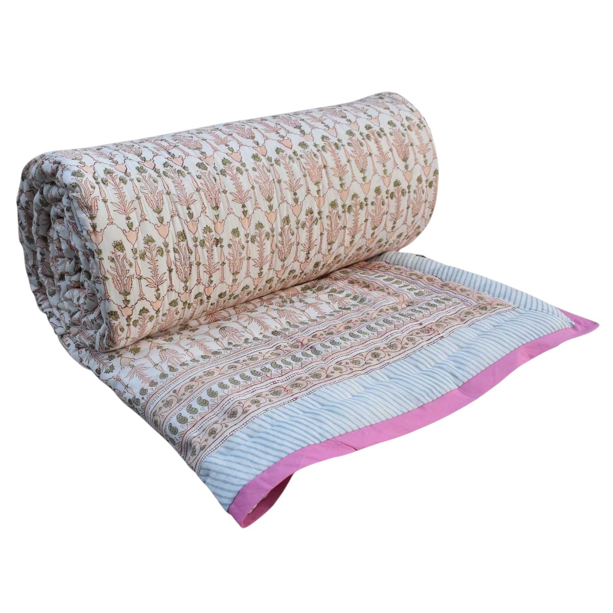 Hand Block Printed Cotton Queen Size Quilt Castle Creeper 251218