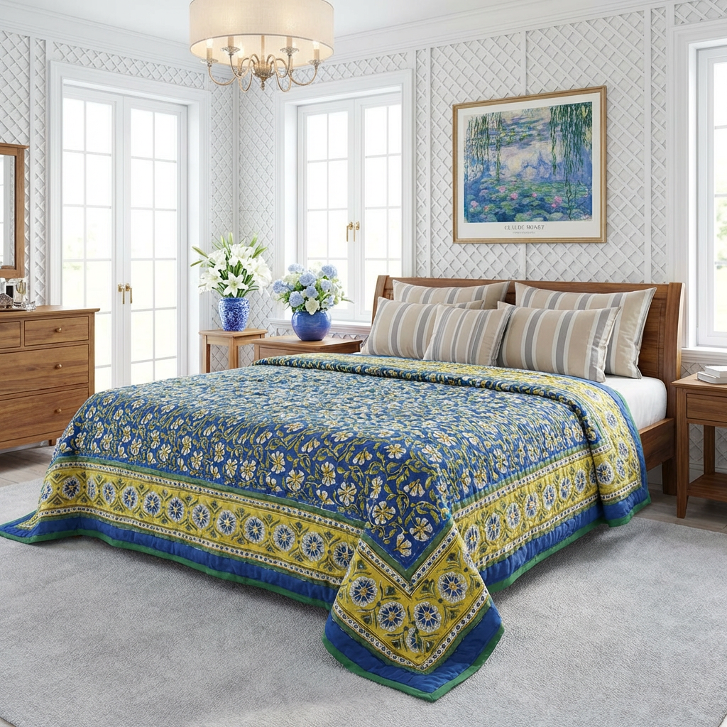 Hand Block Printed Cotton Twin Size Quilt Chakri Blue Gud 102656