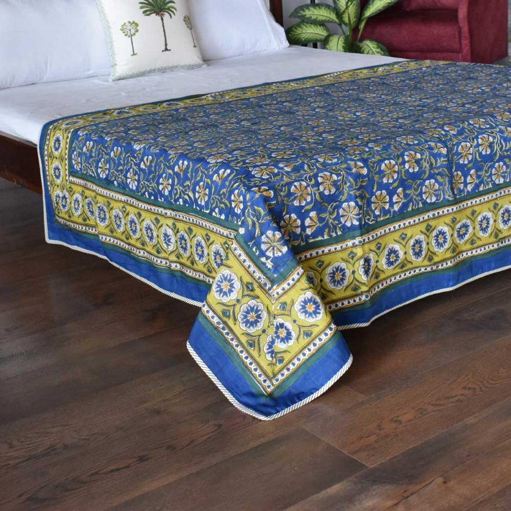 Image of Hand Block Printed Cotton Twin Size Dohar | Chakri Blue Gud 102656