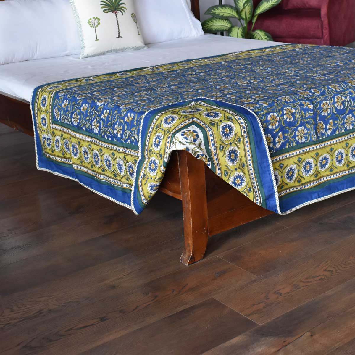 Hand Block Printed Cotton Twin Size Dohar Chakri Blue Gud 102656