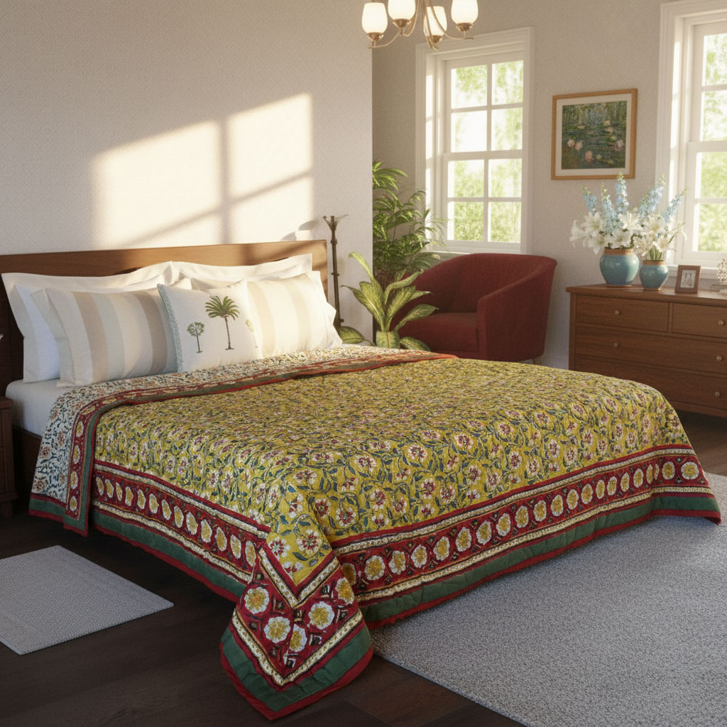 Hand Block Printed Twin Size Quilt Chakri Green 102531