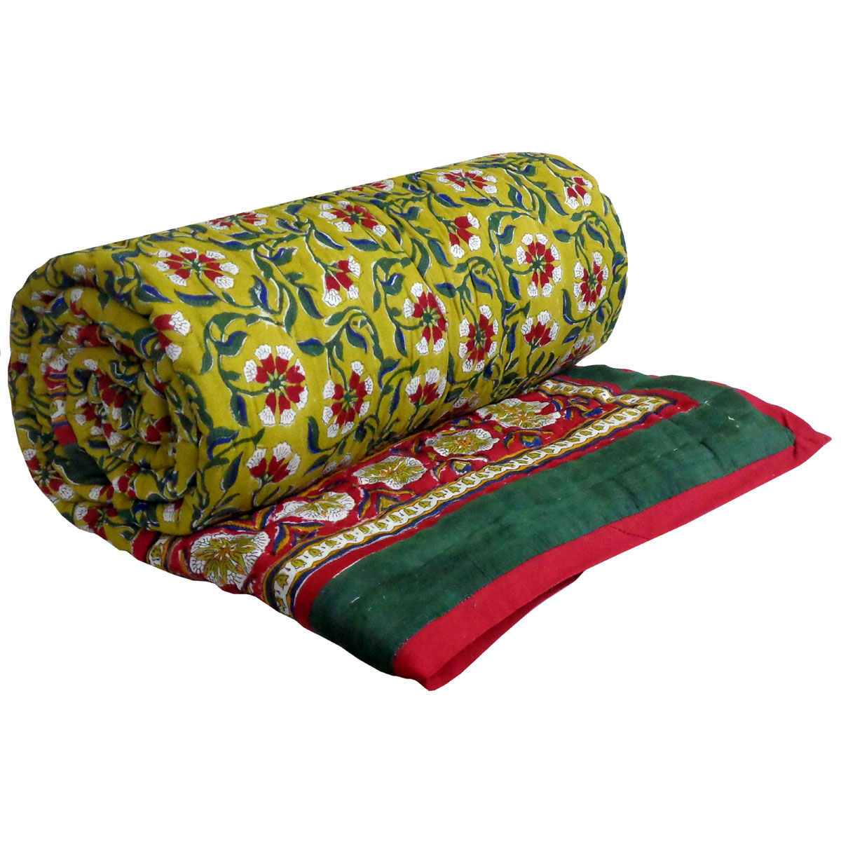 Hand Block Printed Twin Size Quilt Chakri Green 102531