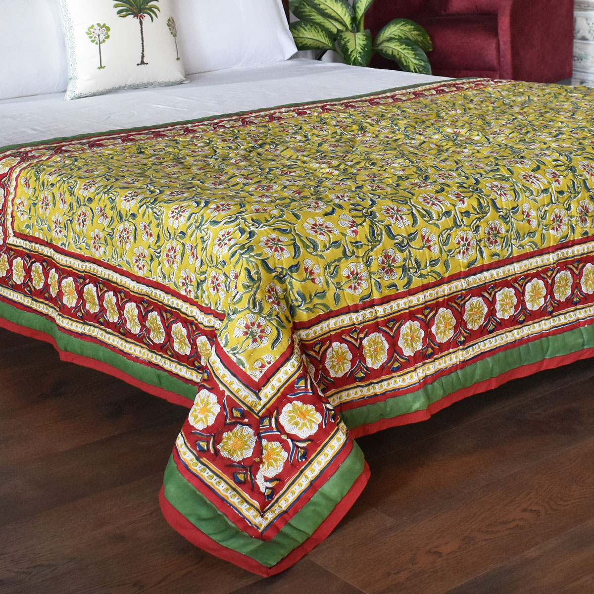 Hand Block Printed Twin Size Quilt Chakri Green 102531