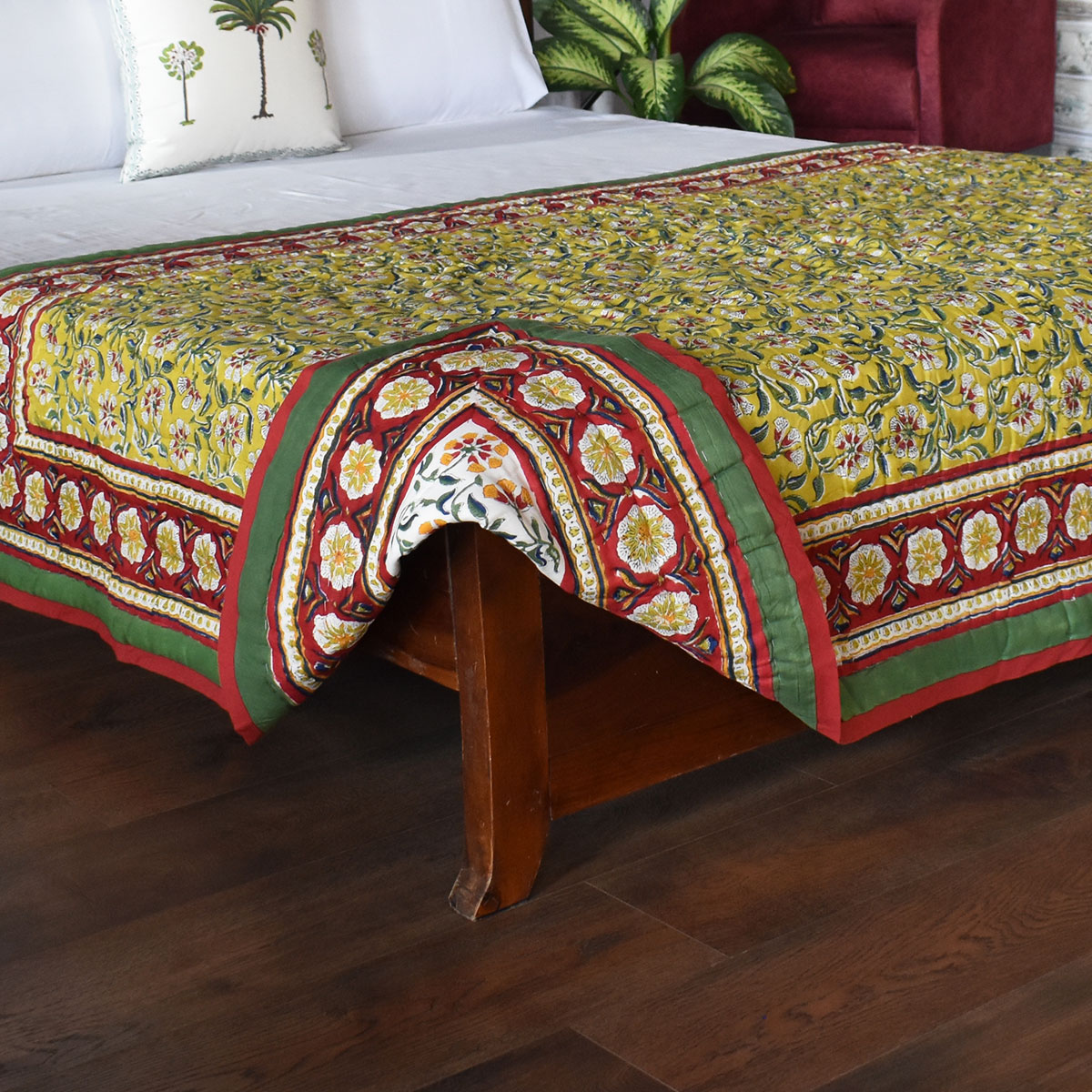 Hand Block Printed Twin Size Quilt Chakri Green 102531