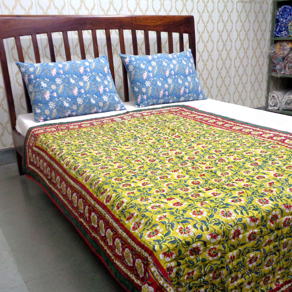Hand Block Printed Twin Size Quilt Chakri Green 102531