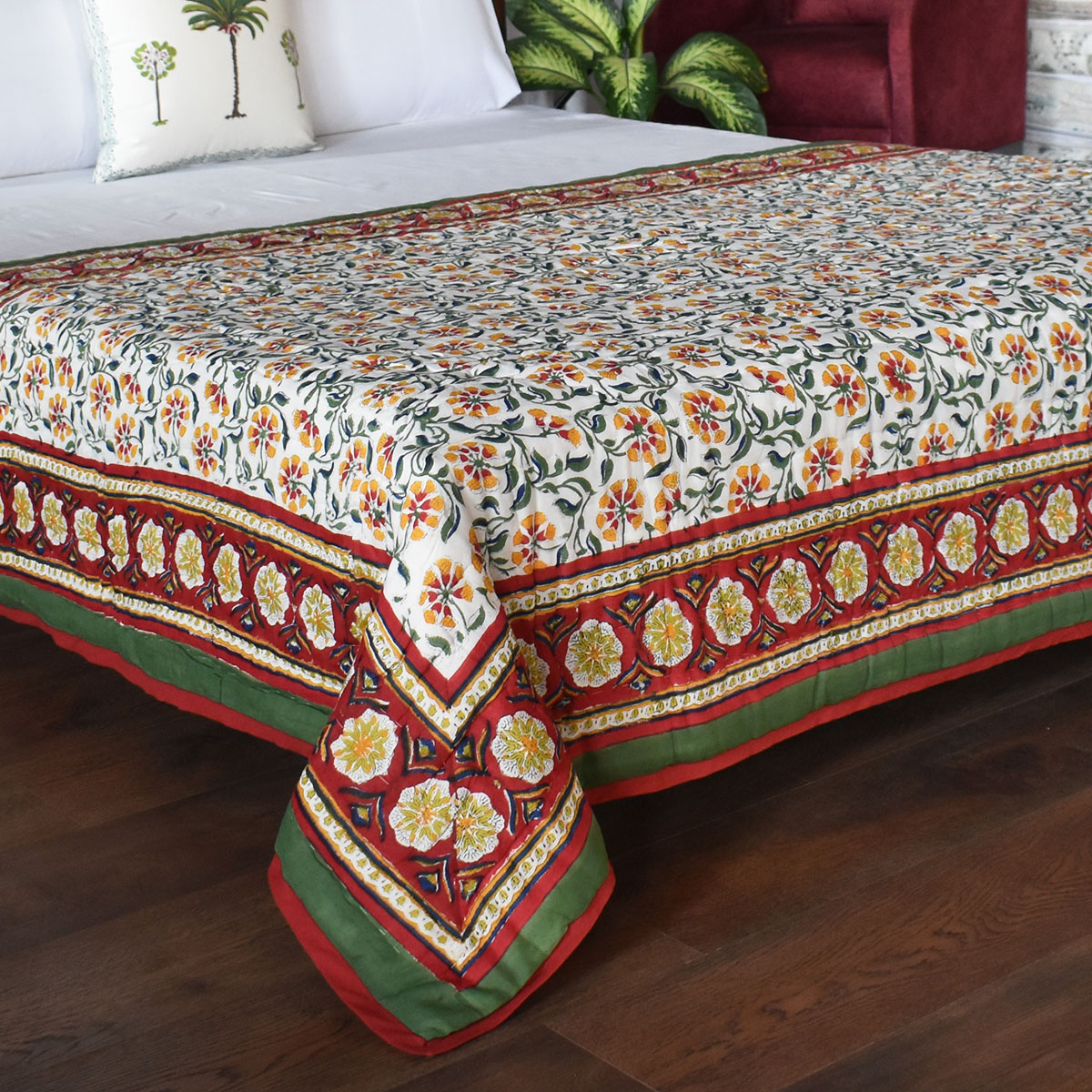 Hand Block Printed Twin Size Quilt Chakri Green 102531