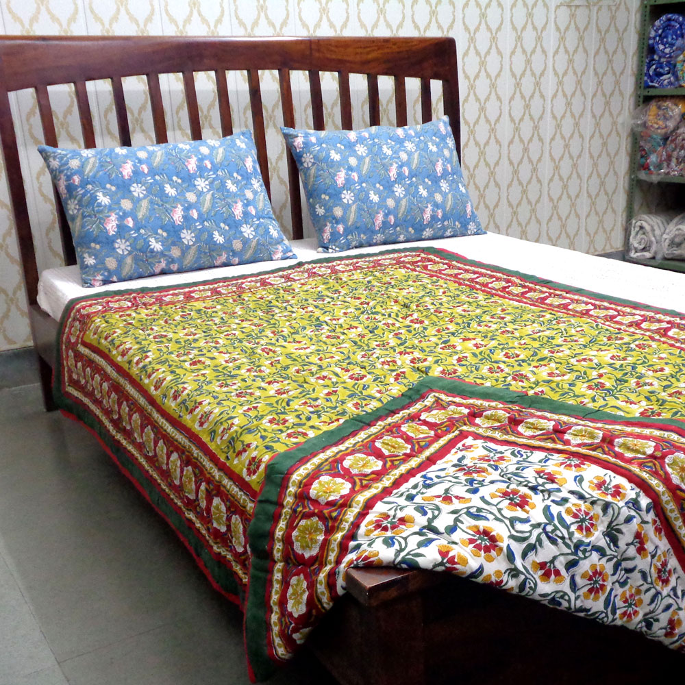 Hand Block Printed Twin Size Quilt Chakri Green 102531