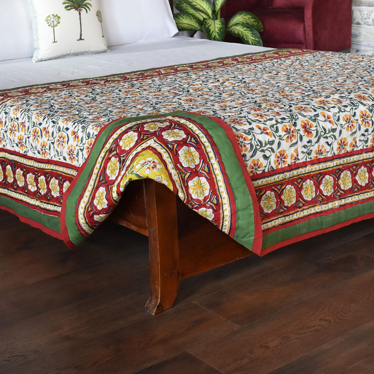 Hand Block Printed Twin Size Quilt Chakri Green 102531