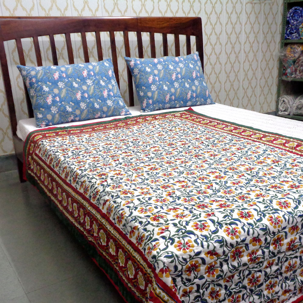Hand Block Printed Twin Size Quilt Chakri Green 102531