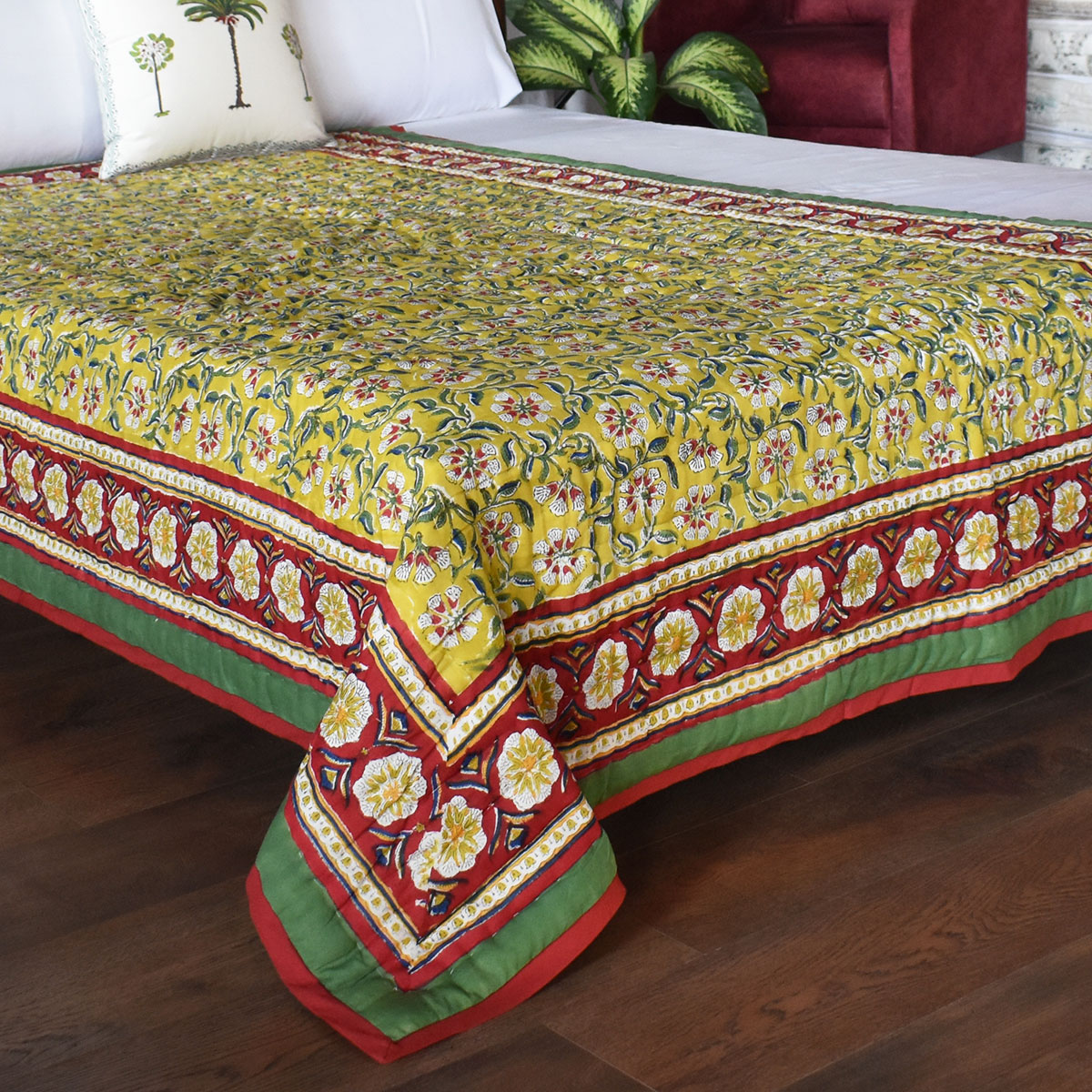 Hand Block Printed Twin Size Quilt Chakri Green 102531