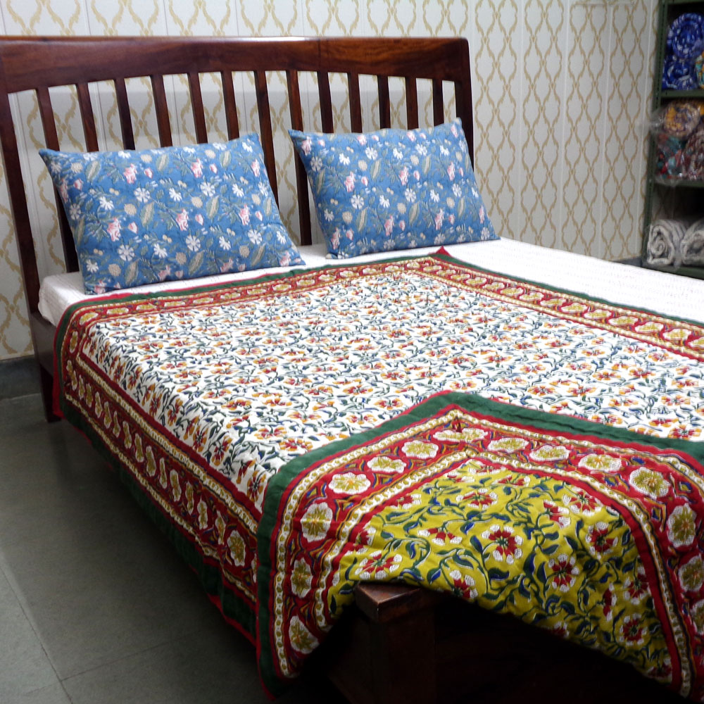 Hand Block Printed Twin Size Quilt Chakri Green 102531