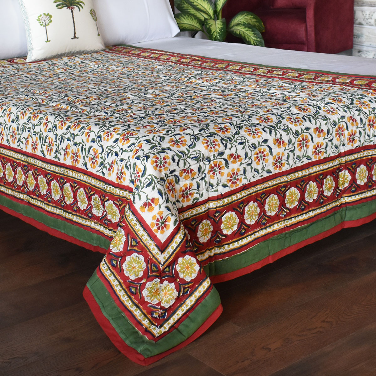 Hand Block Printed Twin Size Quilt Chakri Green 102531