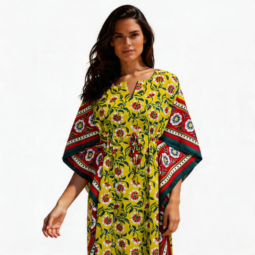 Image of Long Size Kaftan Free Size Indian Block-Printed Loungewear in Soft Cotton Voile | Chakri Green Gud 103575