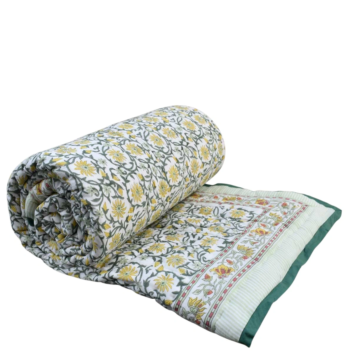 Hand Block Printed Cotton Queen Size Quilt Chakri Lime 260101