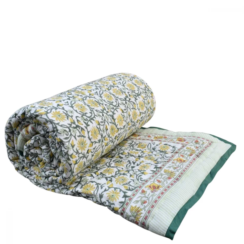 Image of Hand Block Printed Cotton Queen Size Quilt | Chakri Lime 260101