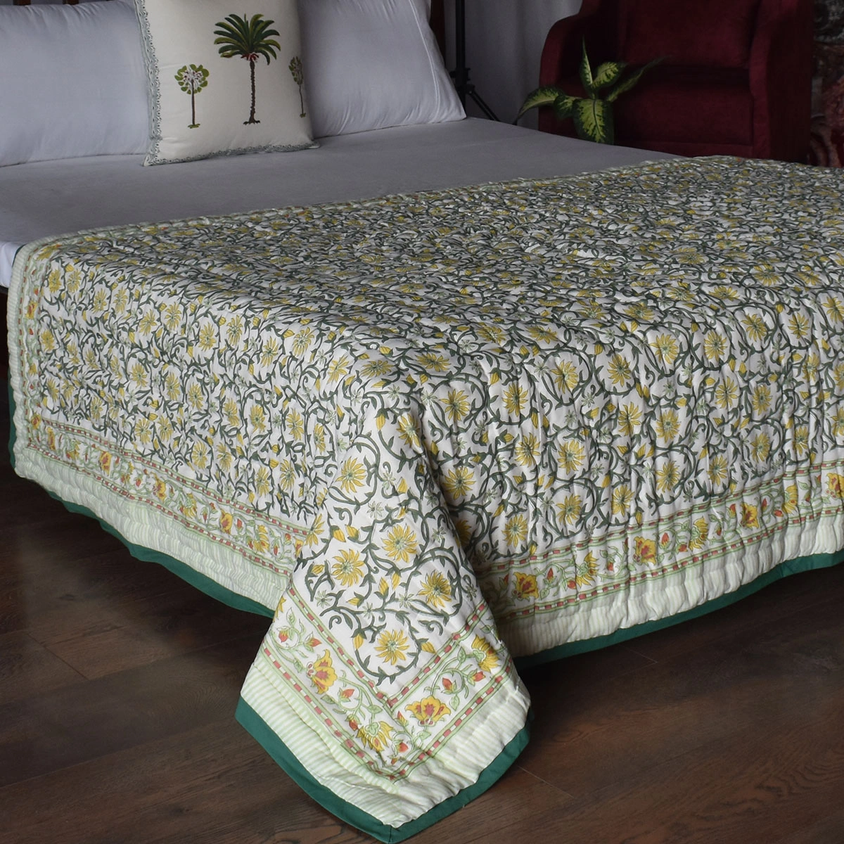 Hand Block Printed Cotton Twin Size Quilt Chakri Lime 260101