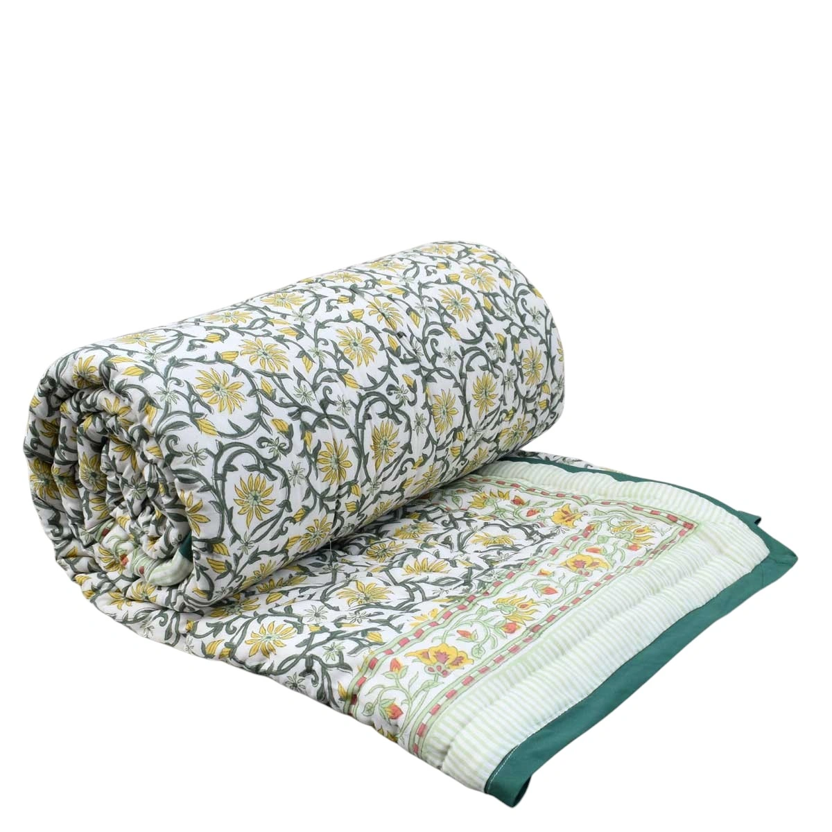 Hand Block Printed Cotton Twin Size Quilt Chakri Lime 260101