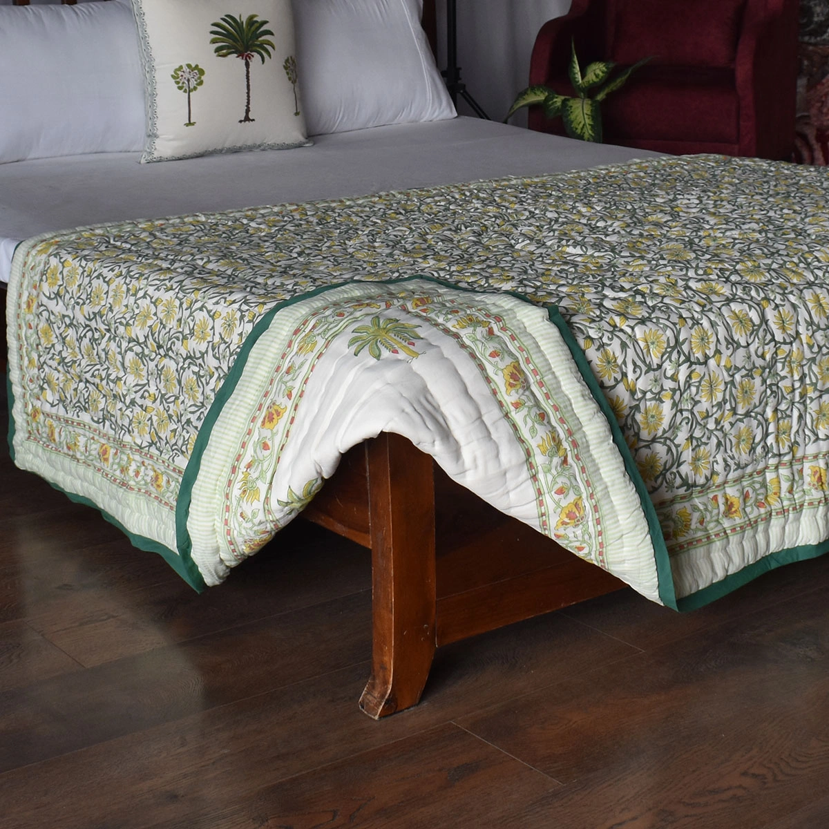 Hand Block Printed Cotton Twin Size Quilt Chakri Lime 260101