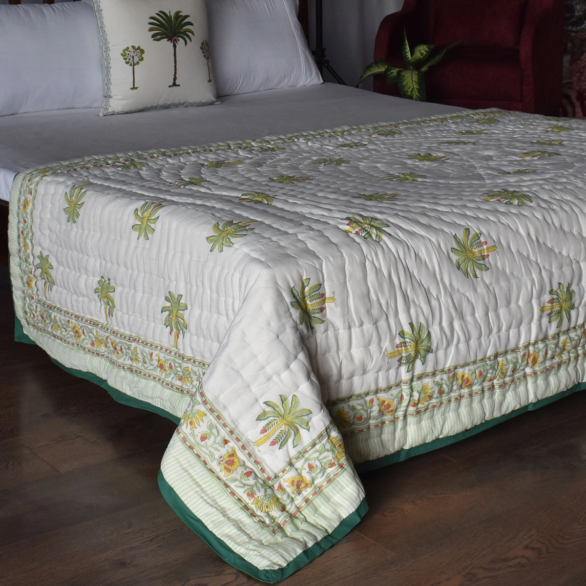 Hand Block Printed Cotton Twin Size Quilt Chakri Lime 260101