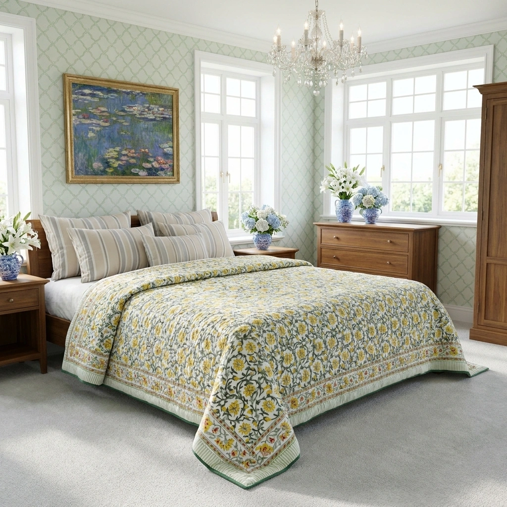 Hand Block Printed Cotton Queen Size Quilt Chakri Lime 260101