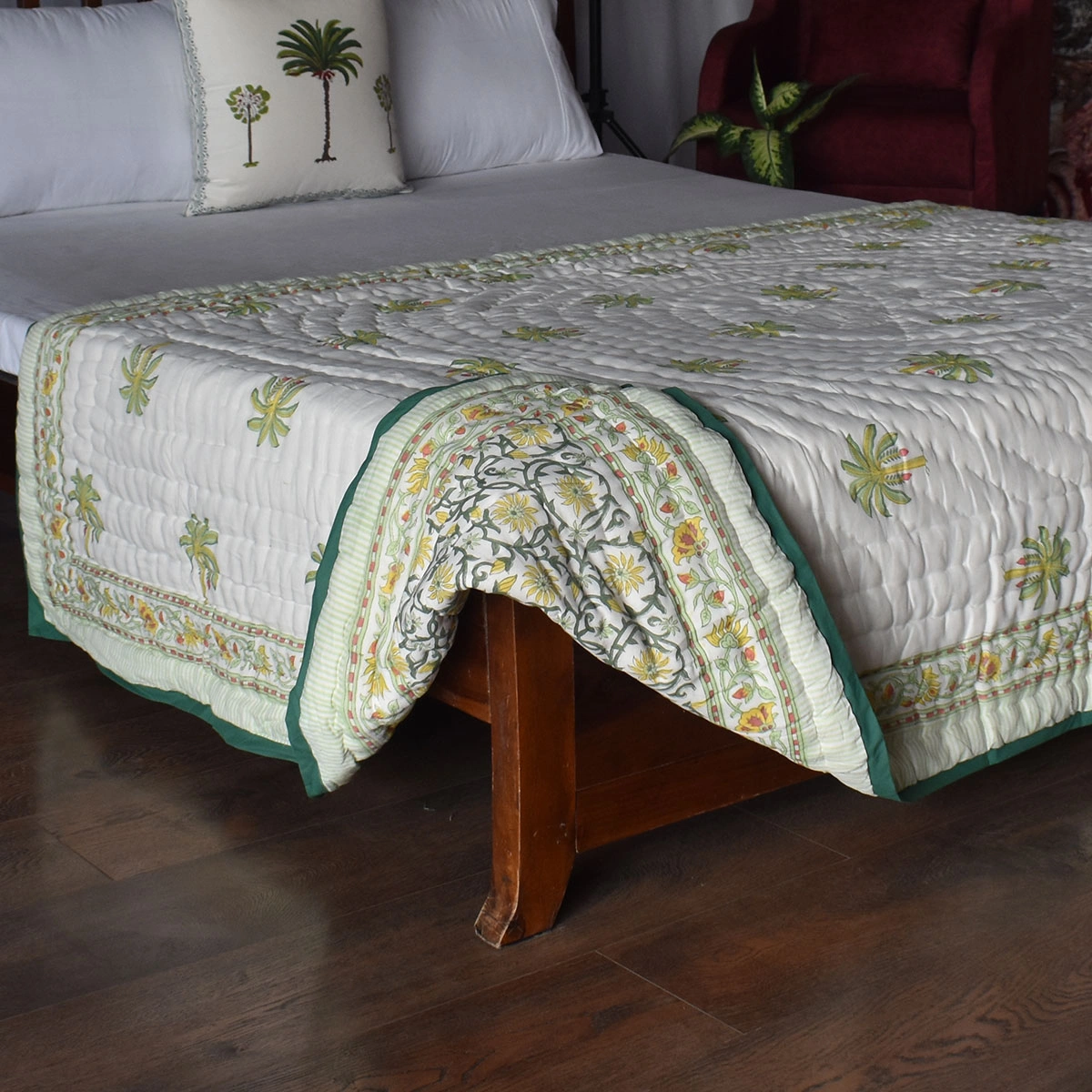 Hand Block Printed Cotton Twin Size Quilt Chakri Lime 260101