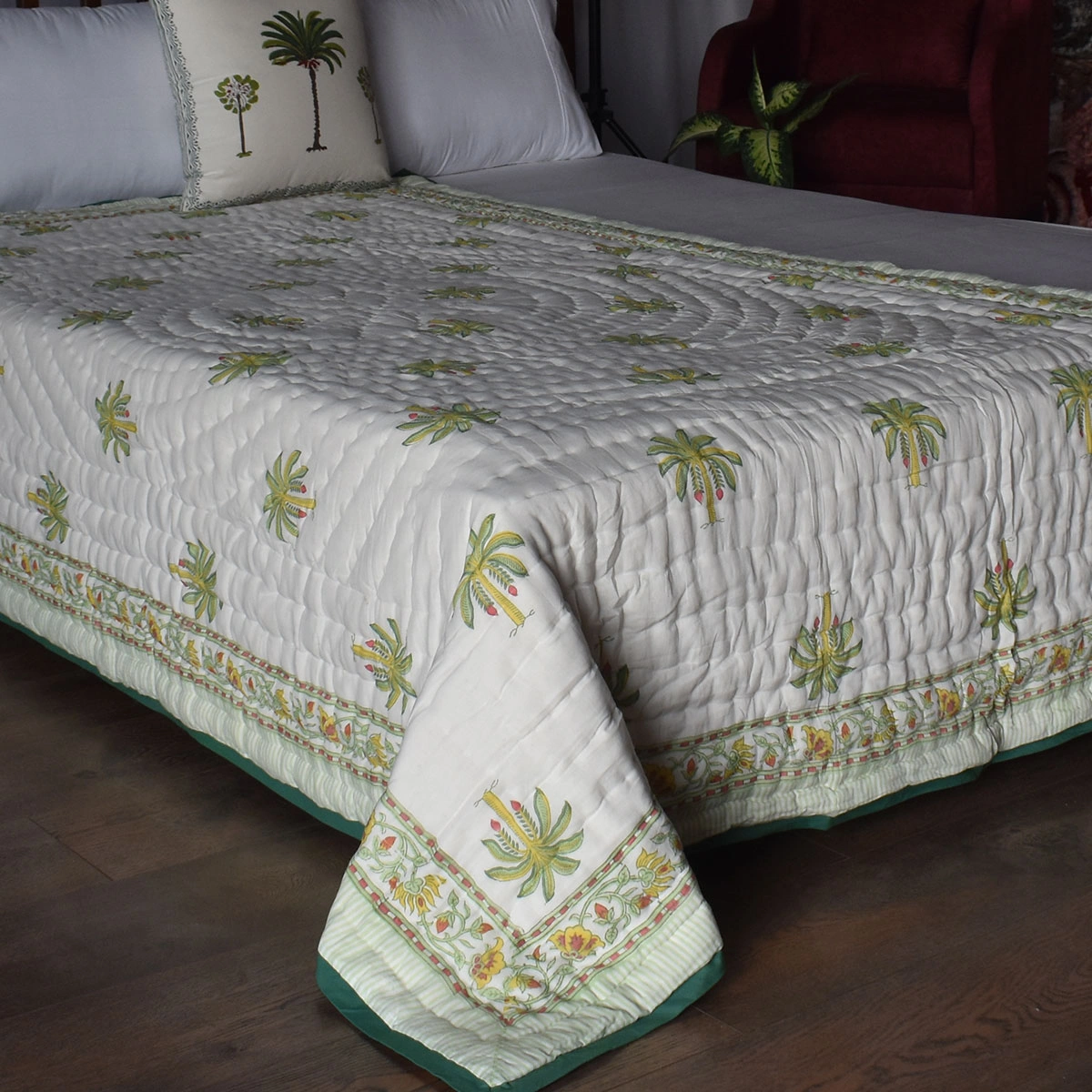 Hand Block Printed Cotton Twin Size Quilt Chakri Lime 260101